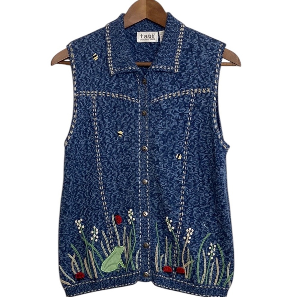 Vintage Sweater Vest Womens Small Blue Green Cotton Knit Spring Frogs Ladybugs